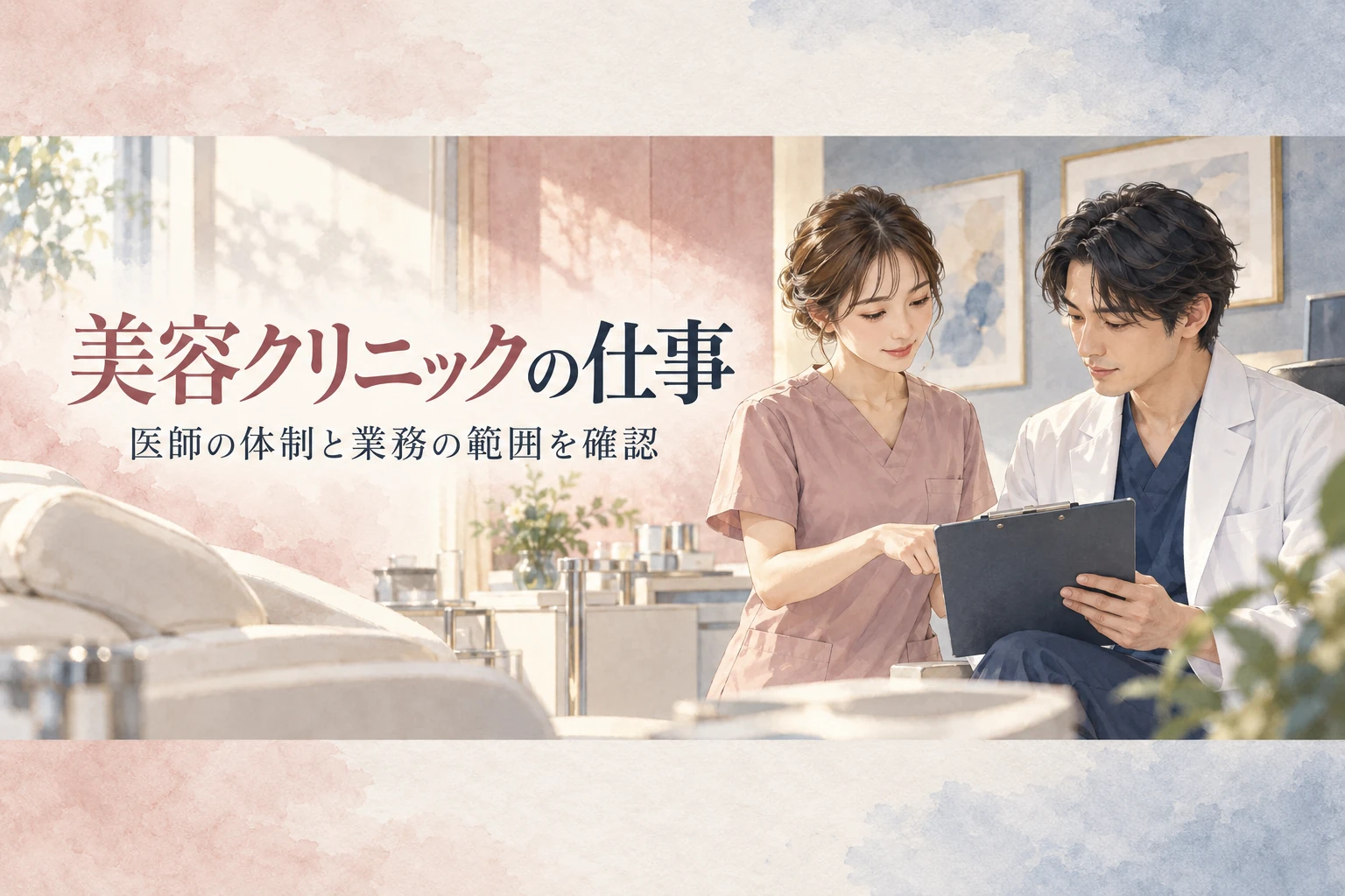 美容クリニック 看護師の記事画像。美容の相談室で医師と書類を確認する看護職と「美容クリニックの仕事」の文字を描いたイラスト