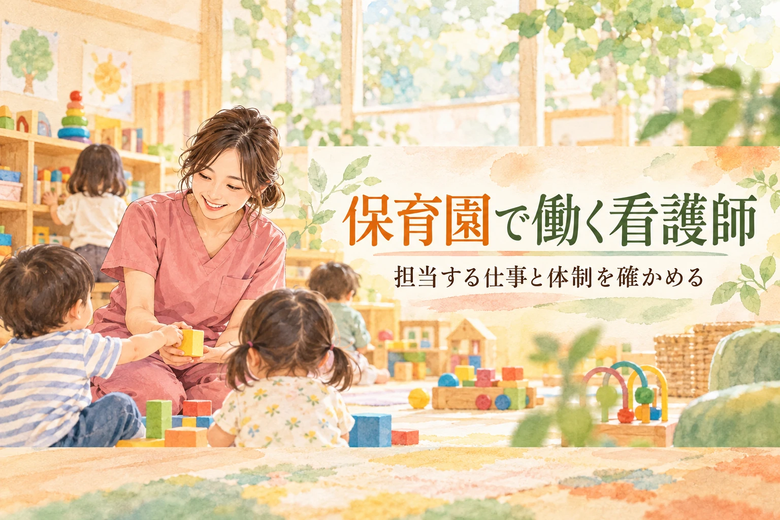保育園 看護師の記事画像。保育室で子どもと積み木に触れる看護職と「保育園で働く看護師」の文字を描いたイラスト