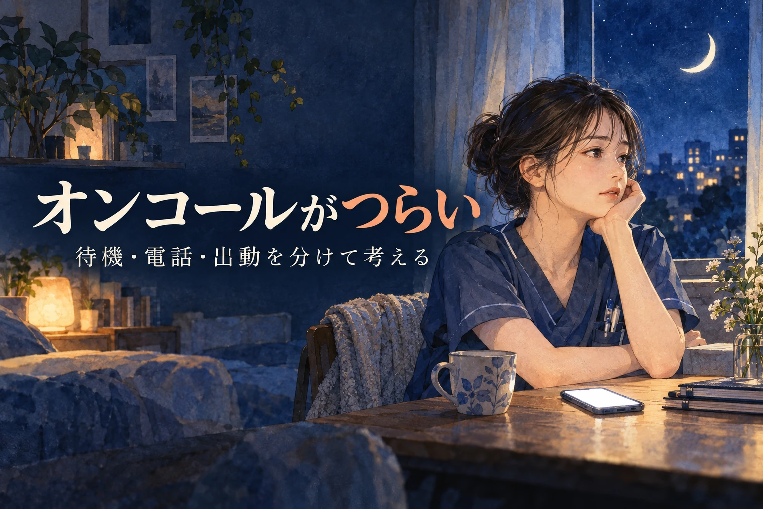 訪問看護 オンコール きついの記事画像。夜の窓辺にいる看護職と電話と「オンコールがつらい」の文字を描いたイラスト