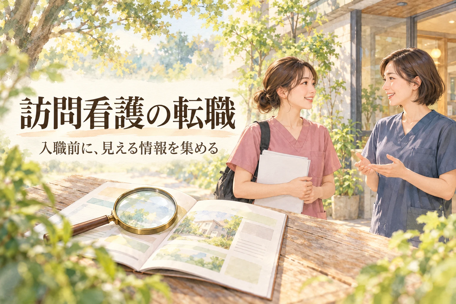 訪問看護 転職 失敗の記事画像。事業所の前で話す看護職と資料と「訪問看護の転職」の文字を描いたイラスト
