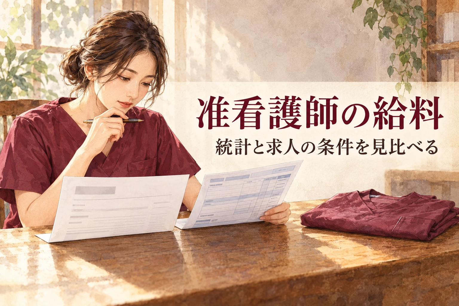 准看護師 給料の記事画像。求人票と給与明細を見比べる手と「准看護師の給料」の文字を描いたイラスト