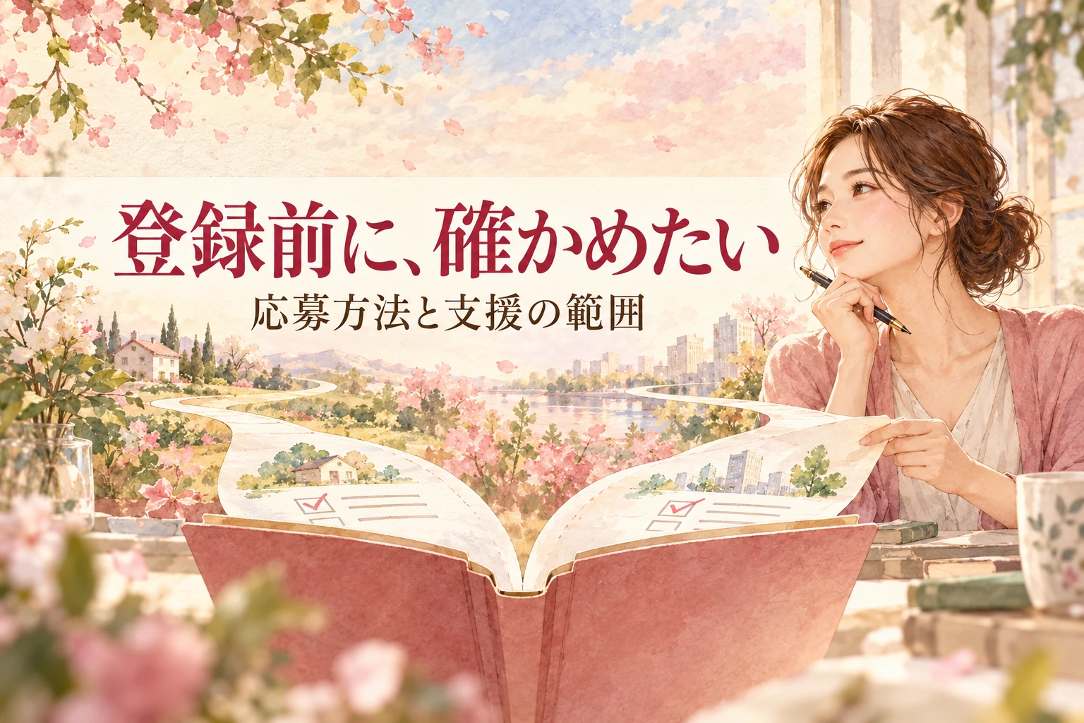 看護roo 評判の記事画像。応募経路を示す書類とペンを持つ女性と「登録前に、確かめたい」の文字を描いたイラスト