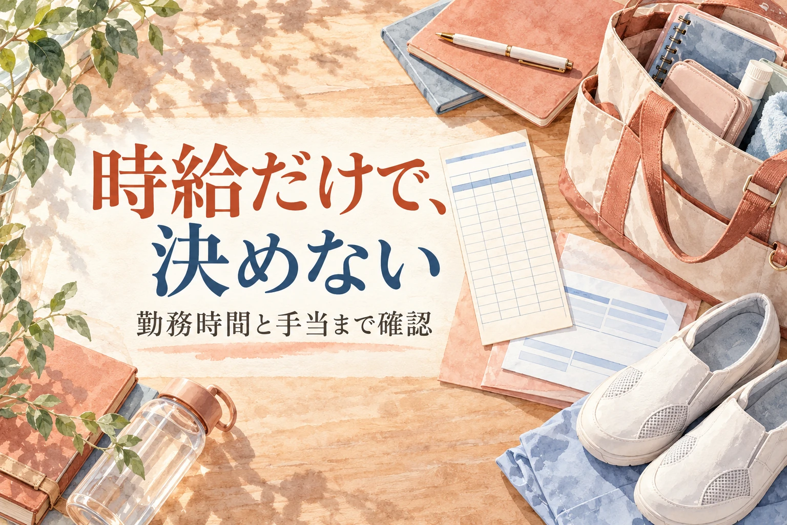 看護師 時給の記事画像。勤務時間のカード、給与明細、仕事用の靴と「時給だけで、決めない」の文字を描いたイラスト