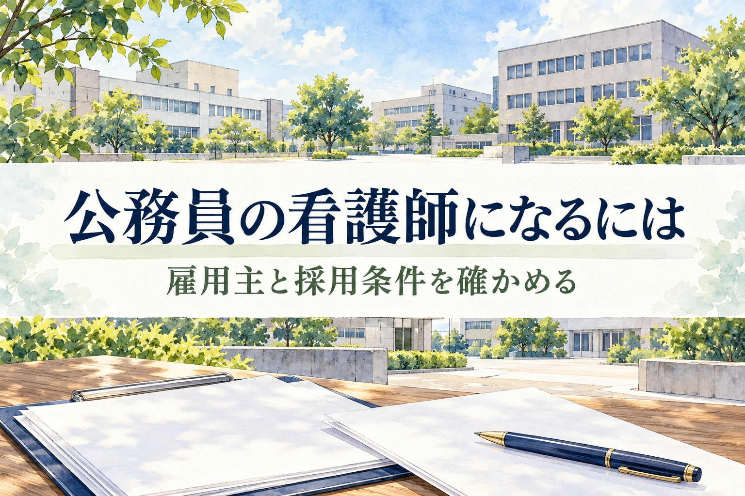 看護師 公務員の記事画像。架空の公共施設と採用書類と「公務員の看護師になるには」の文字を描いたイラスト
