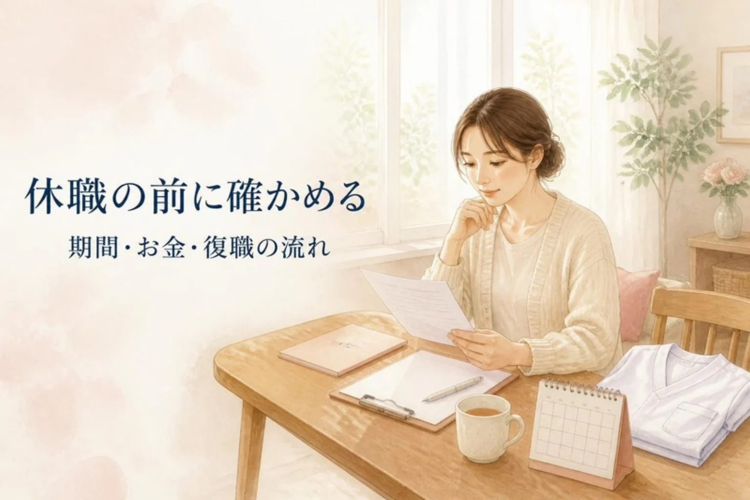 看護師 休職の記事画像。自宅の窓辺の机で書類と予定表を見る女性と「休職の前に確かめる」の文字を描いたイラスト