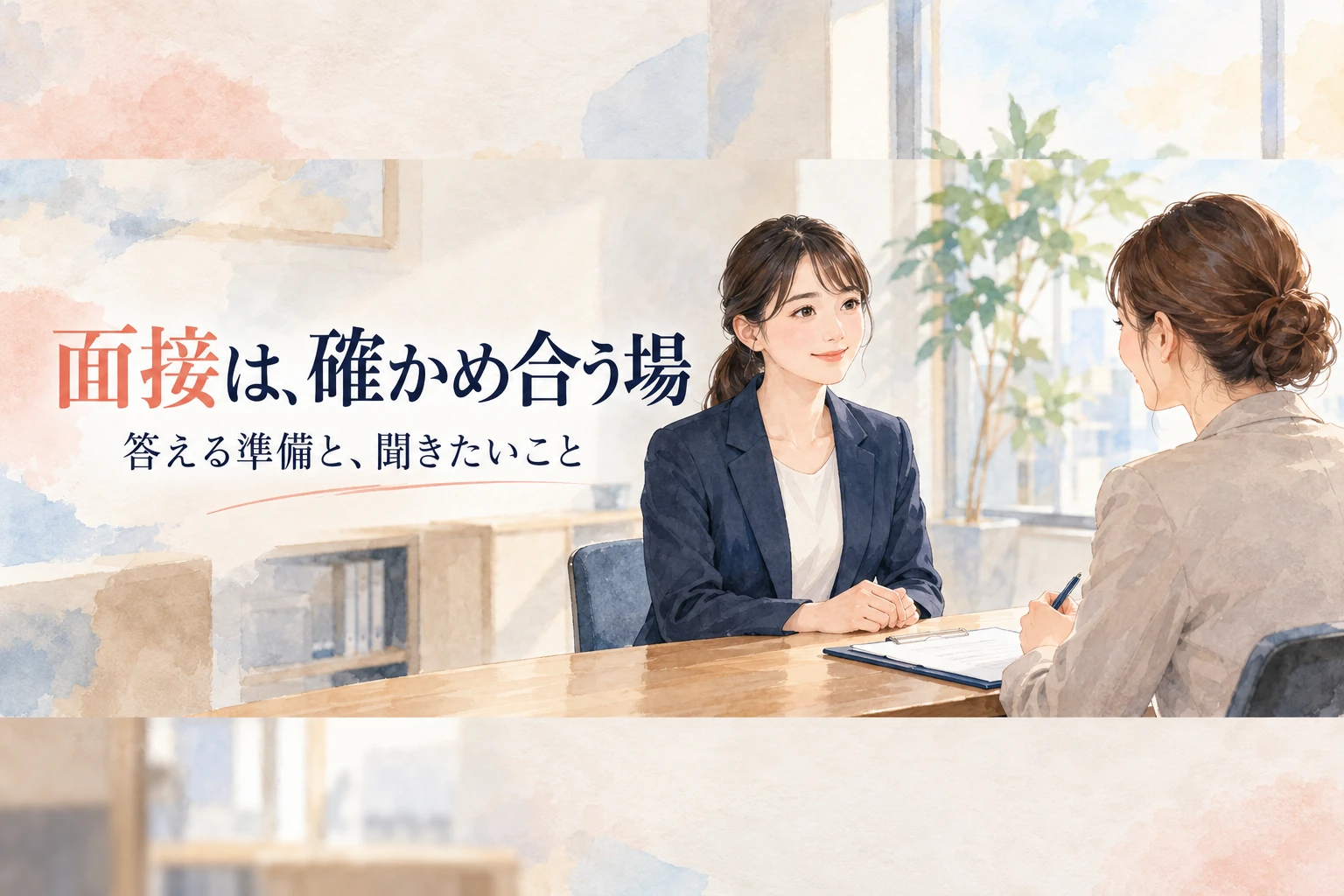 看護師 面接の記事画像。面接で向かい合う応募者と担当者と「面接は、確かめ合う場」の文字を描いたイラスト