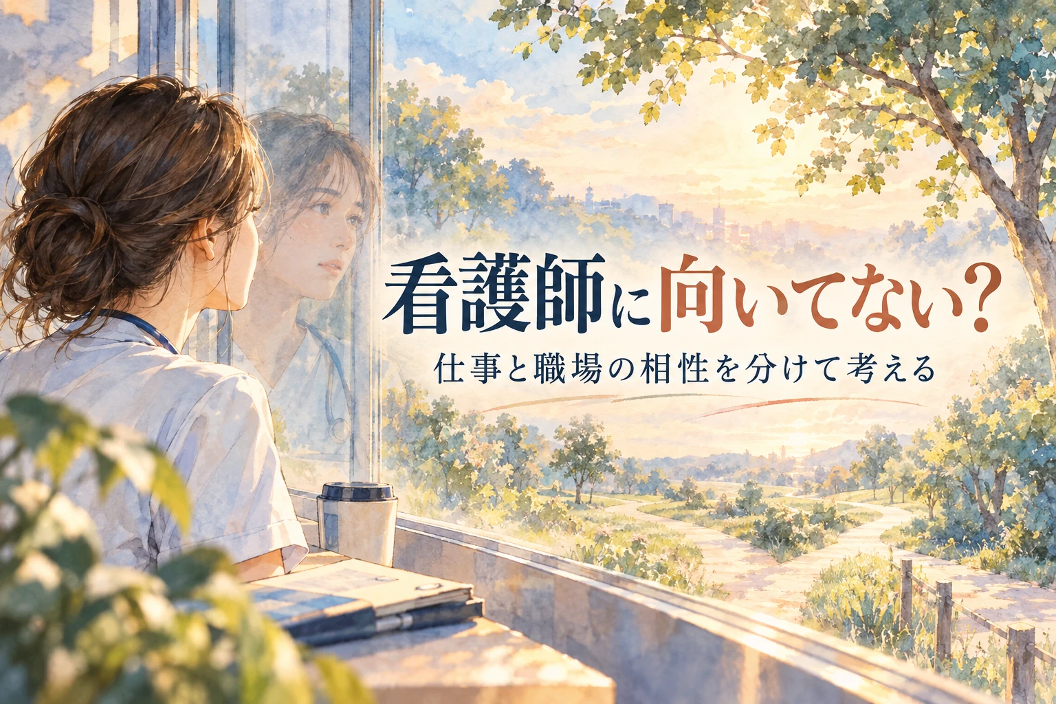 看護師 向いてないの記事画像。窓辺で働き方を考える看護職と「看護師に向いてない？」の文字を描いたイラスト