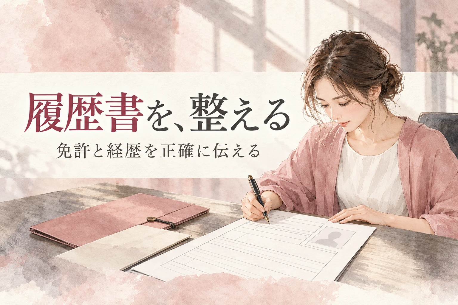 看護師 履歴書の記事画像。履歴書の用紙、免許の書類、ペンと「履歴書を、整える」の文字を描いたイラスト