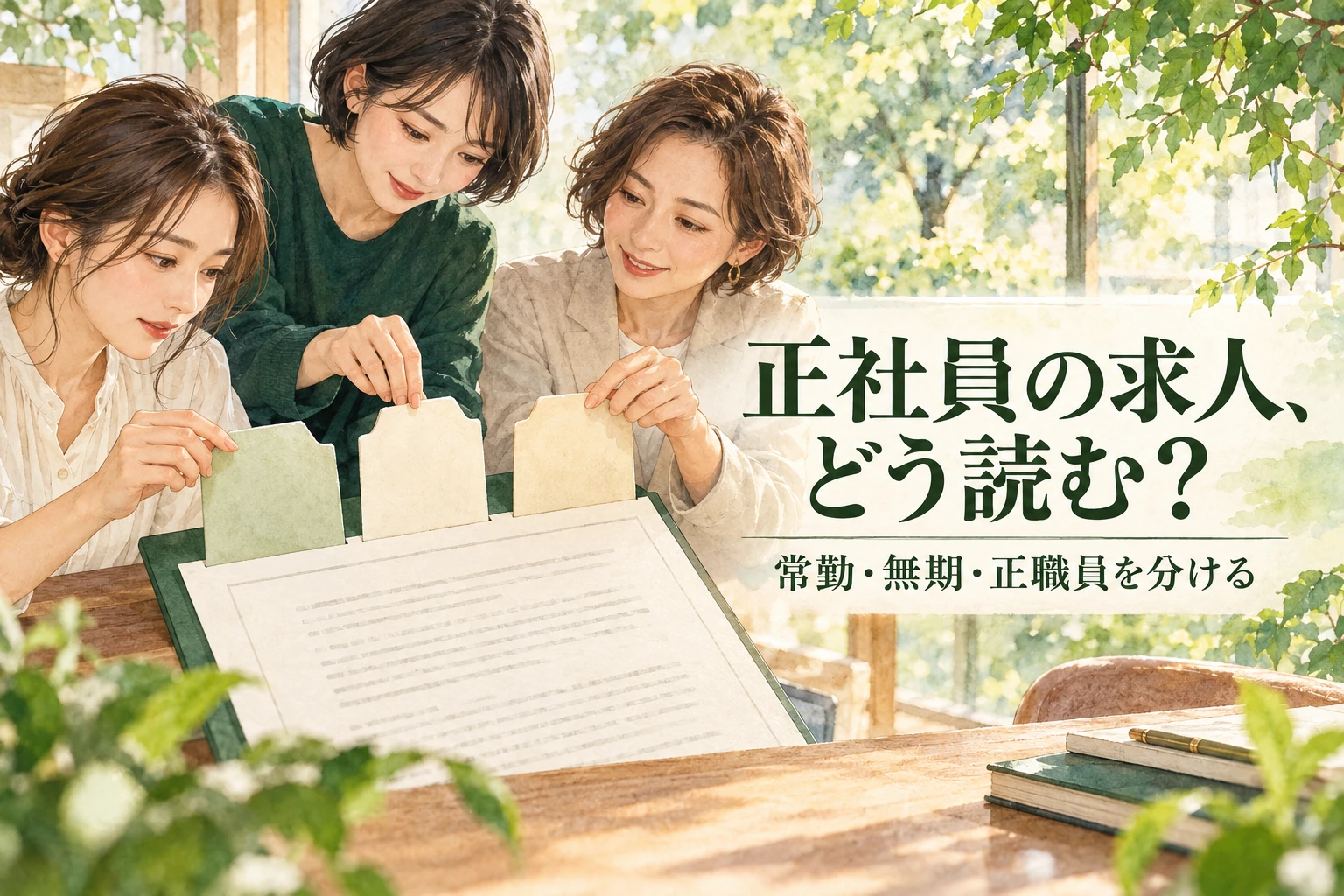 看護師 正社員の記事画像。雇用契約書の区分を付箋で分ける手と「正社員の求人、どう読む？」の文字を描いたイラスト