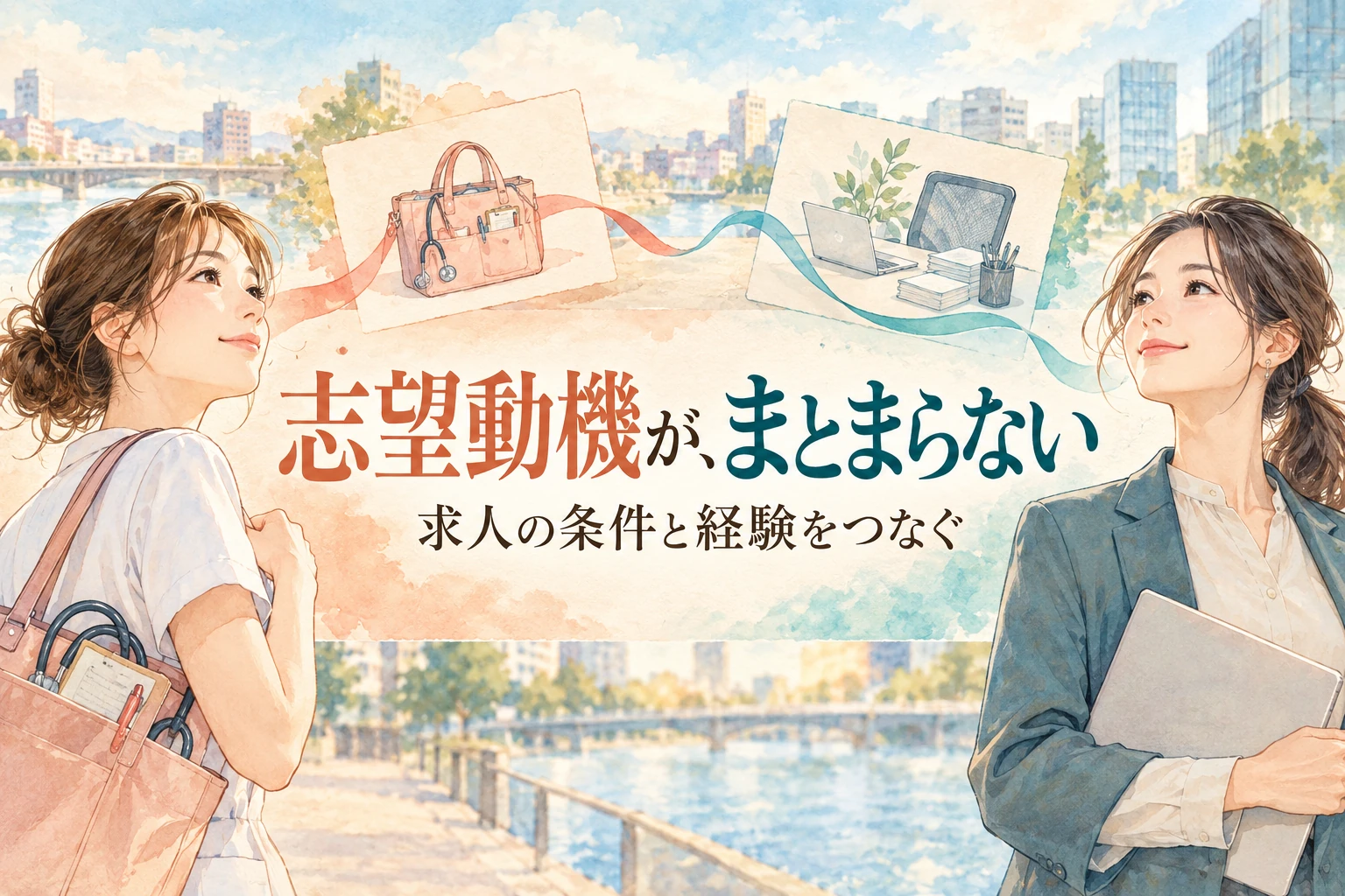 看護師 志望動機の記事画像。経験と応募先を結ぶカードとリボンと「志望動機が、まとまらない」の文字を描いたイラスト