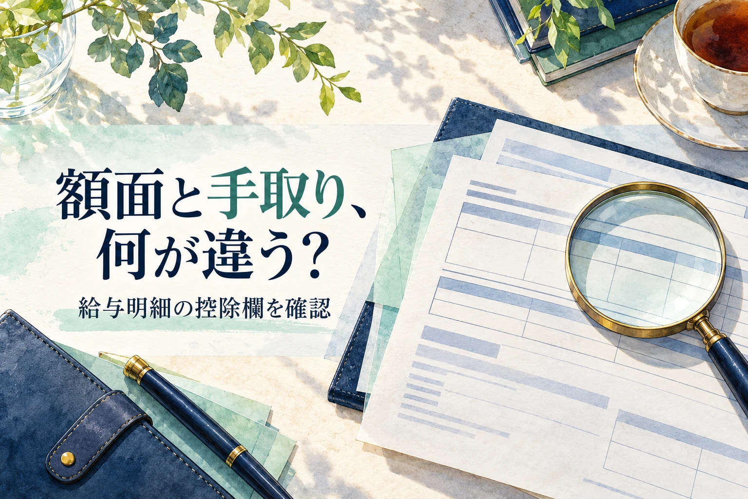 看護師 手取りの記事画像。給与明細に重ねた紙と虫眼鏡と「額面と手取り、何が違う？」の文字を描いたイラスト