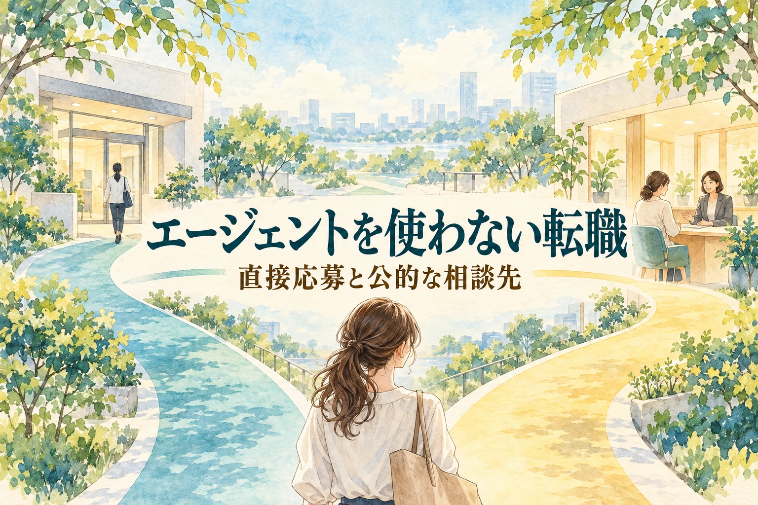 看護師 転職エージェント 使わないの記事画像。直接応募と相談窓口へ分かれる道と「エージェントを使わない転職」の文字を描いたイラスト