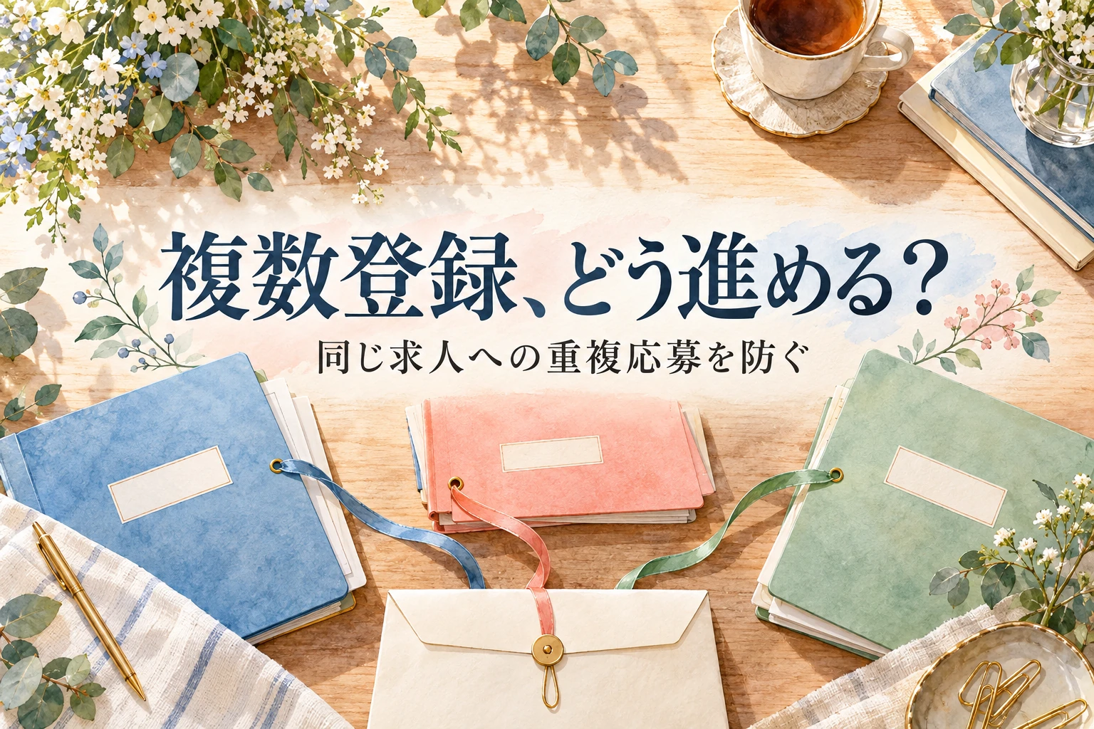 看護師 転職サイト 複数登録の記事画像。色違いの応募ファイルと封筒と「複数登録、どう進める？」の文字を描いたイラスト