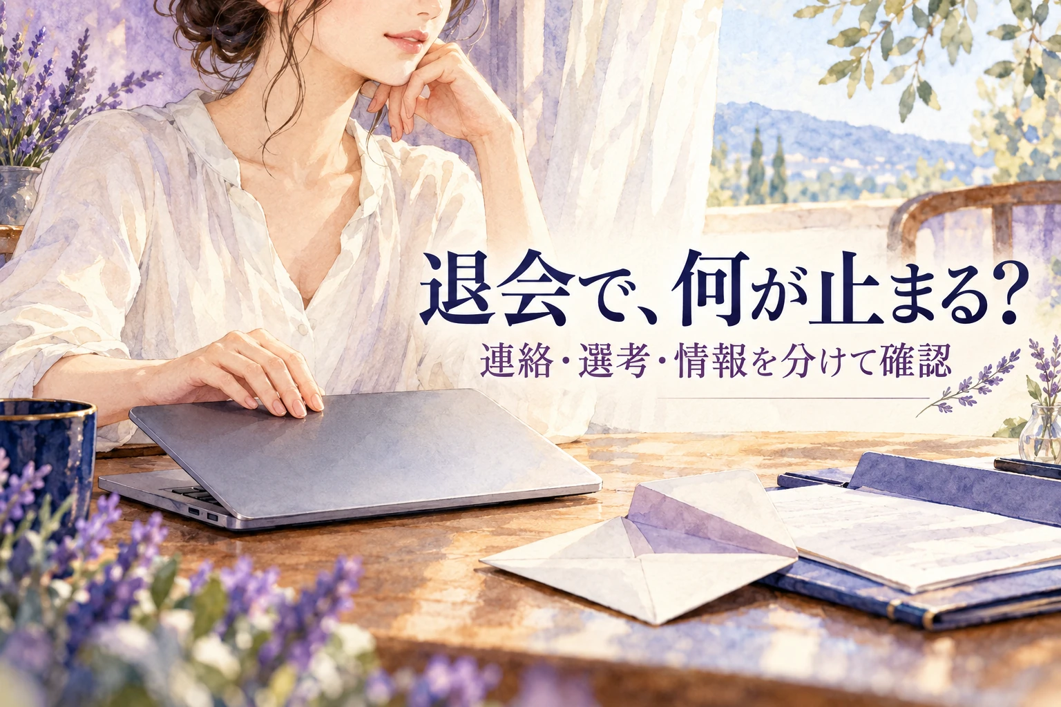 看護師 転職サイト 退会の記事画像。閉じかけたパソコン、封筒、書類と「退会で、何が止まる？」の文字を描いたイラスト