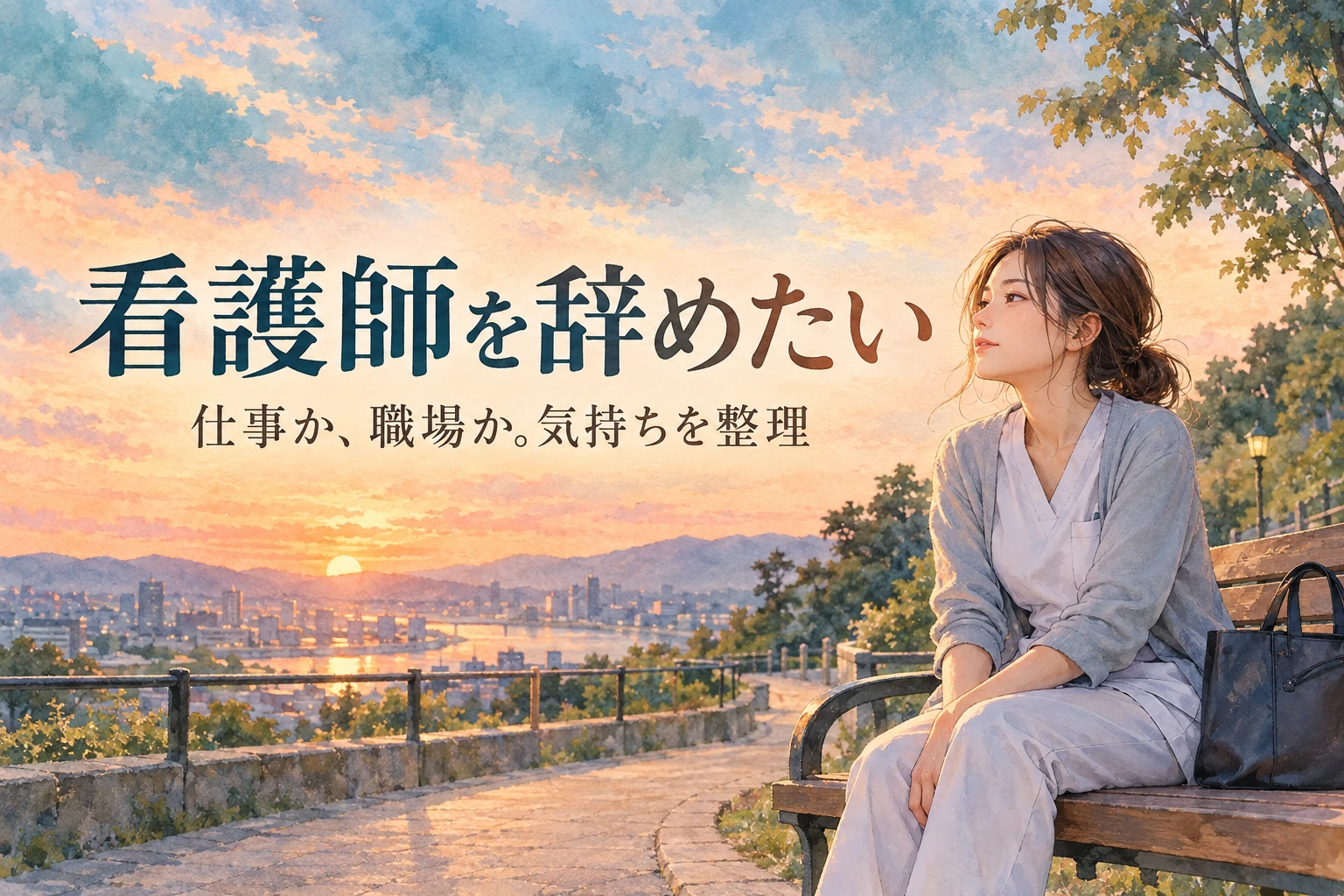 看護師 辞めたいの記事画像。仕事帰りにベンチで考える看護職と「看護師を辞めたい」の文字を描いたイラスト