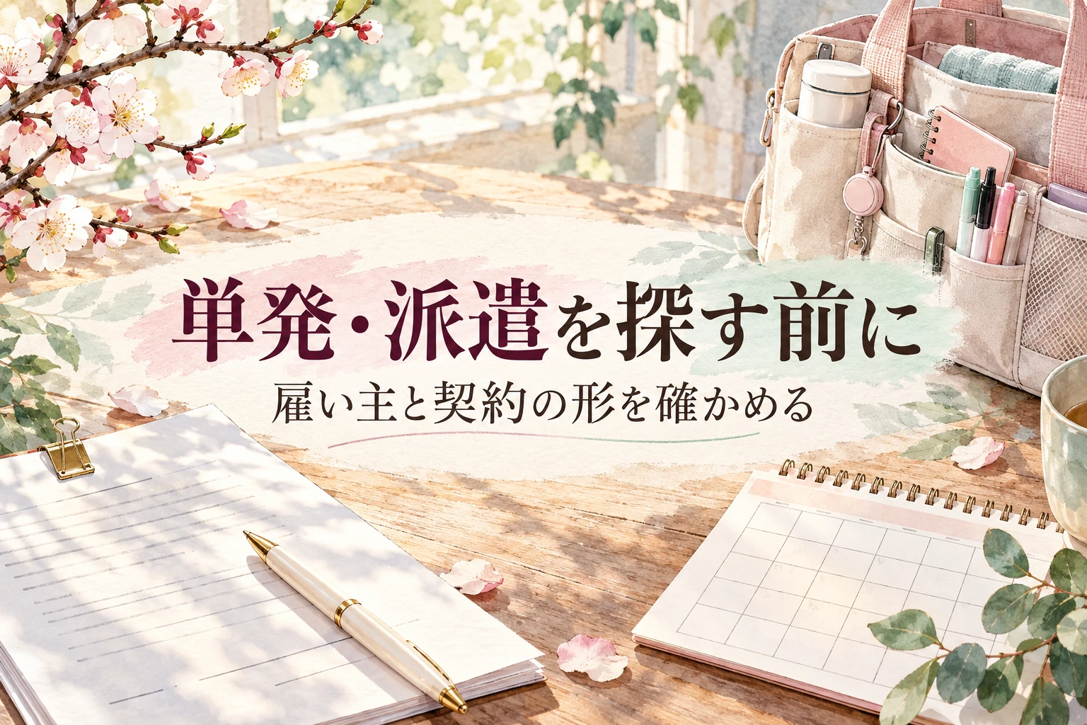 MCナースネット 評判の記事画像。契約書、訪問バッグ、数字のない予定表と「単発・派遣を探す前に」の文字を描いたイラスト