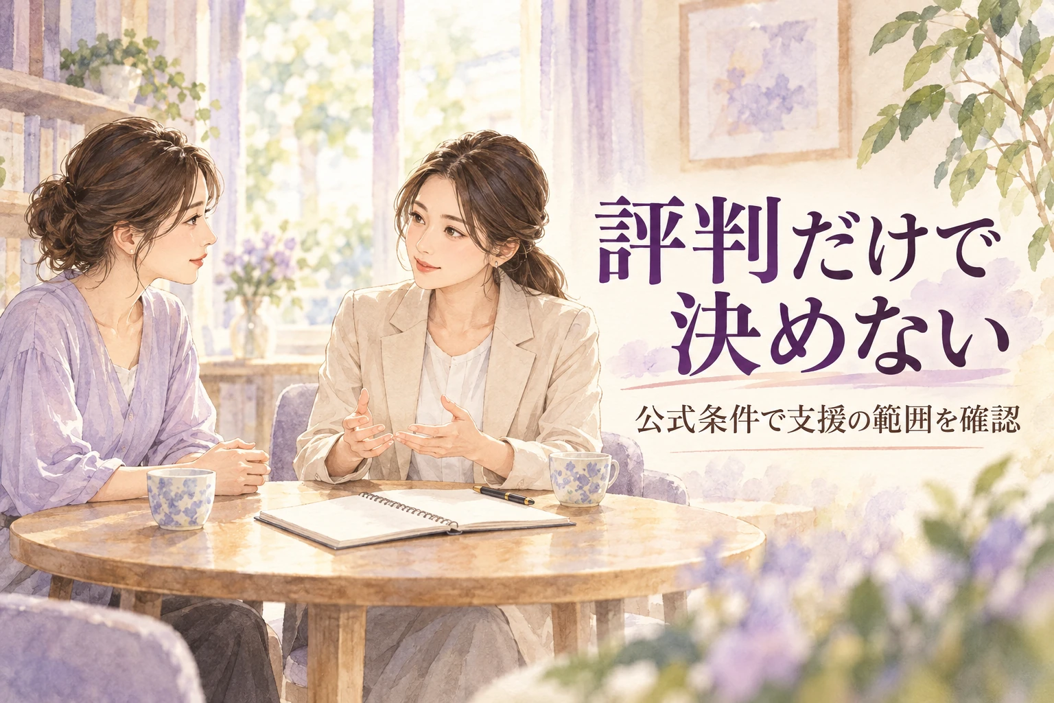 マイナビ看護師 評判の記事画像。相談員と女性が支援内容を確認する場面と「評判だけで決めない」の文字を描いたイラスト