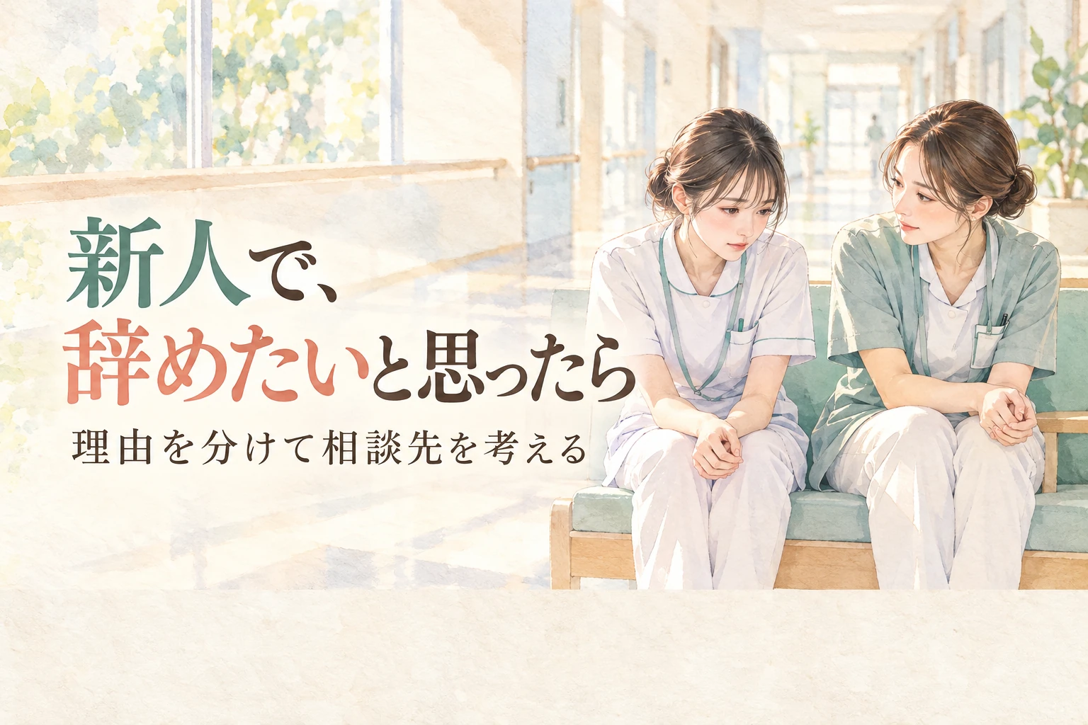 新人看護師 辞めたいの記事画像。先輩と並んで相談する新人の看護職と「新人で、辞めたいと思ったら」の文字を描いたイラスト